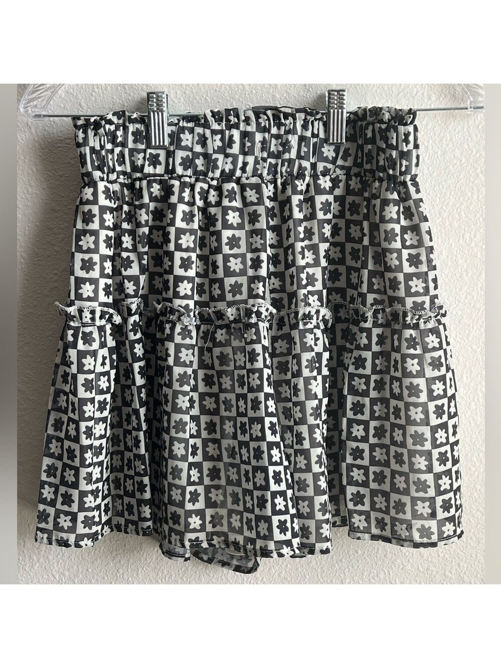 Kendall & Kylie Black and White Floral Check Tiered Skirt